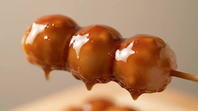 Delicious mitarashi dango close-up, japanese sweet rice dumplings skewered and covered in thick sweet soy sauce glaze dripping.