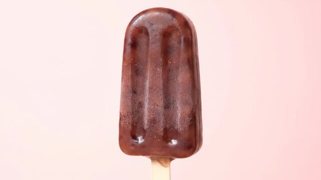 Gourmet adzuki red bean ice pop melting on a wooden stick against a pastel pink background. refreshing frozen dessert for hot summer days.