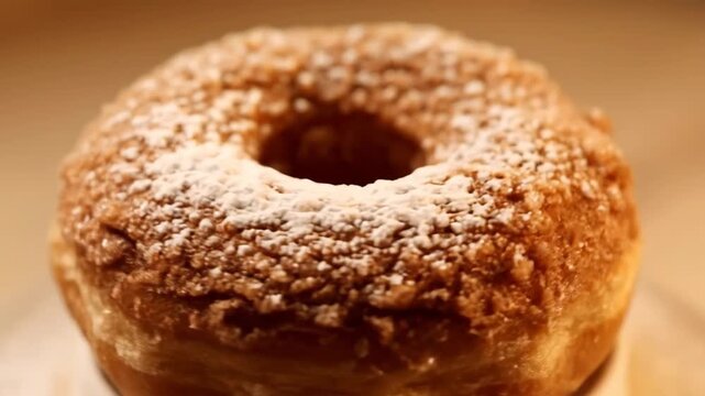 Macro shot of a delicious, flaky gourmet donut (cronut style) dusted with crunchy coarse sugar and powdered sugar, emphasizing the sweet dessert texture and golden-brown pastry.
