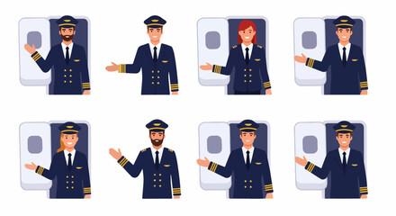 Set of male and female airline pilot characters in uniform standing at the airplane door and greeting passengers, flat vector illustration. © Maya
