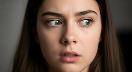 Naklejka premium A close-up portrait of a young woman looking sideways with a suspicious expression