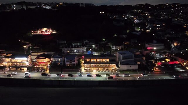 Kamakura Night Streetscape │ Side Pan │ Cars on Route 134 and Buildings
