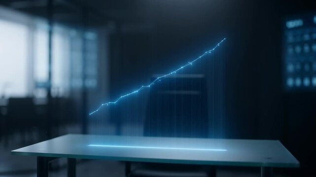 Holographic financial data chart rising on office table