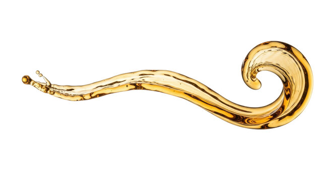 Golden-amber translucent liquid splash with sparkling droplets and graceful swirls, frozen mid-air on a brilliant white background with high-key backlighting, concept for beverage advertising