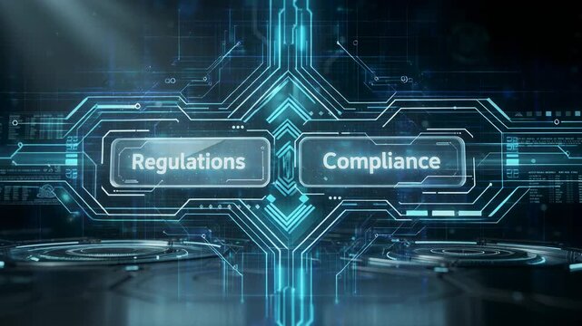 Futuristic digital display of regulations and compliance terms in a tech environment.