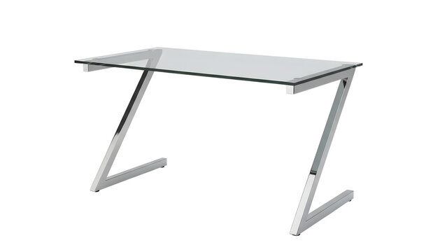 A glass desk with a silver metal frame and a rectangular glass top isolated on transparent background