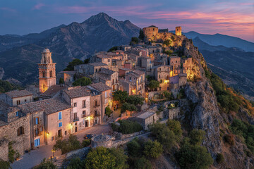 Obraz premium Ancient stone village perched on rocky hill with warm glowing lights at dusk, surrounded by lush greenery and majestic mountains under colorful sky