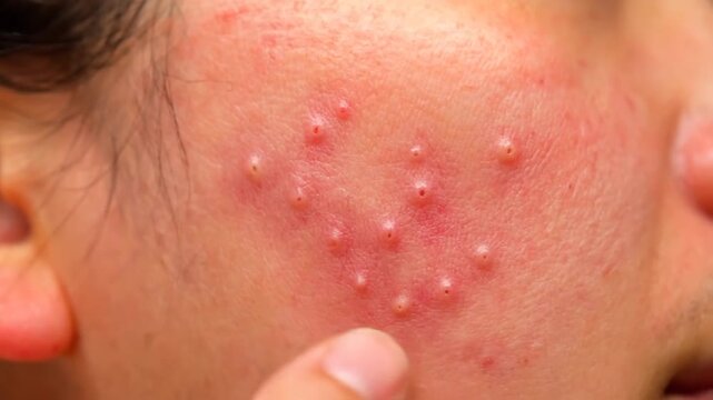 Closeup of acne on a persons face.
