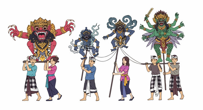 Illustration of Balinese people carrying traditional Ogoh-ogoh demon puppets for the Nyepi parade festival in Bali, Indonesia.