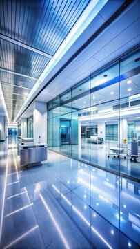 A photo of a modern hospital lobby with blurred motion in the background, showcasing sleek glass walls and futuristic medical equipment The scene exu