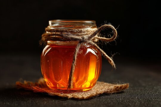 Golden honey jar with string bow on dark background