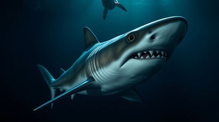 Obraz premium A menacing shark with sharp teeth and piercing eyes swims ominously in the deep blue ocean, embodying power and danger.