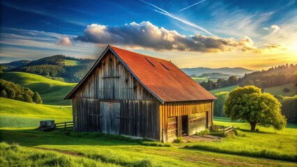 Obraz premium A photo of a cozy barn with wooden beams and a red roof under a clear blue sky, surrounded by lush green fields and rolling hills in the distance