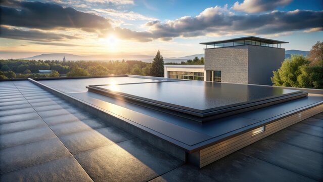 A photo of a modern roof covered in a roll of EPDM material The smooth, black surface reflects the sunlight and creates a sleek appearance