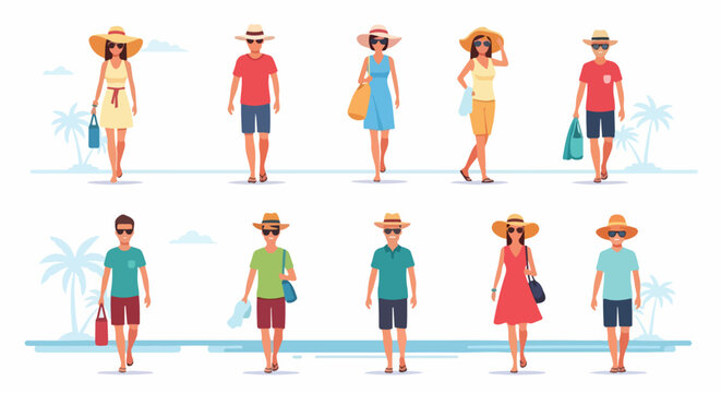 Set of diverse men and women characters in summer beach outfits and accessories flat vector illustration on a tropical background.