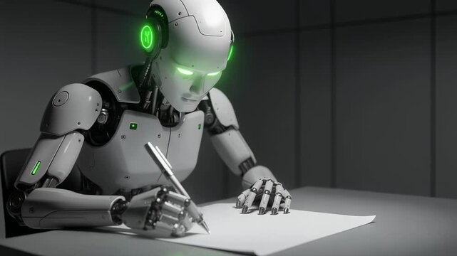 A humanoid robot writing on paper in a dimly lit modern workspace.