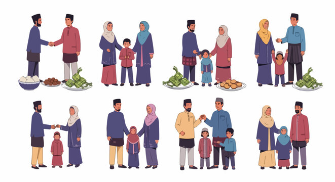 Set of Muslim family characters celebrating Hari Raya Aidilfitri with traditional food, greetings, and attire in flat illustration style.