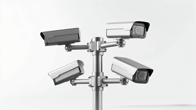 A modern surveillance camera setup with four cameras mounted on a central pole.