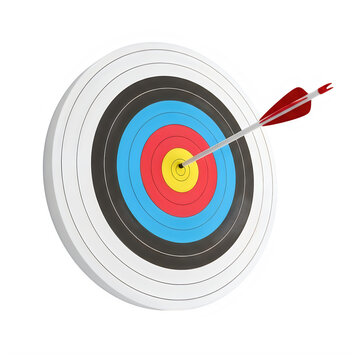 A red arrow hitting the exact center of a colorful circular archery target for success concept isolated on transparent background