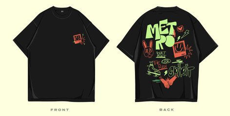 Graffiti t shirt design, Urban t-shirt design for print. Streetwear graphic for clothing design. Merch and apparel design. Scribble, doodles, cartoon vector illustration. Oversized tee mockup © Universtock