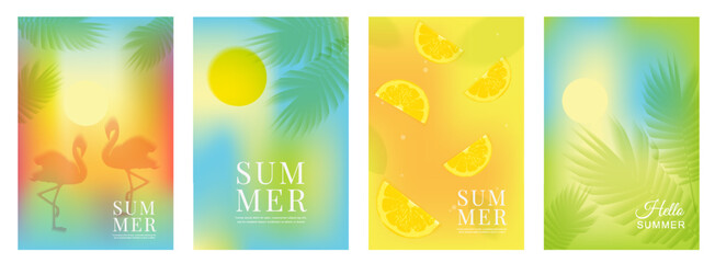 Summer vertical banner set with tropical themes. Four minimalist posters featuring blurred gradients, flamingo silhouettes, palm leaves, and lemon slices. Soft modern style for seasonal marketing.  © Uliya