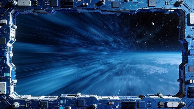 View of earth and stars from spacecraft window with electronic frame