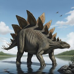 Fototapeta premium Stegosaurus dinosaur standing in a serene lake.