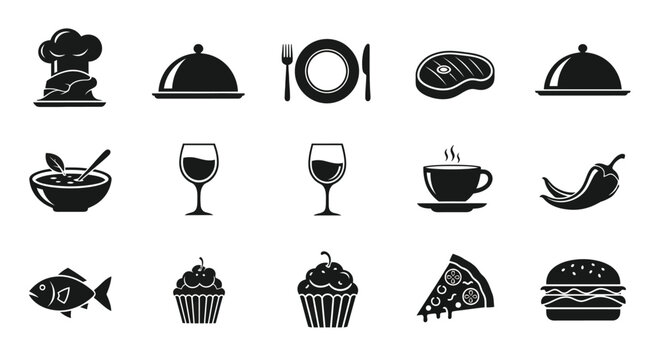 Black and white food icons set including chef hat dishes wine coffee and various meals on white background for culinary and restaurant themes