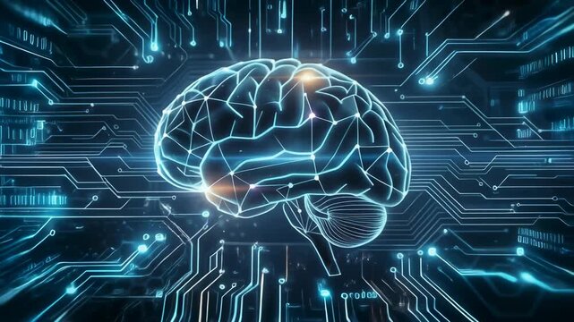 A digital representation of a brain with neural connections and a tech background.