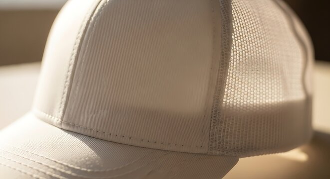 White Baseball Cap Closeup with Mesh Back.