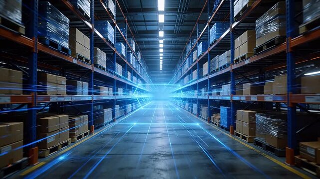 Modern warehouse interior with metal shelves and blue digital light grid