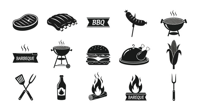 Bbq and barbecue elements with food grills flames and utensils on white background