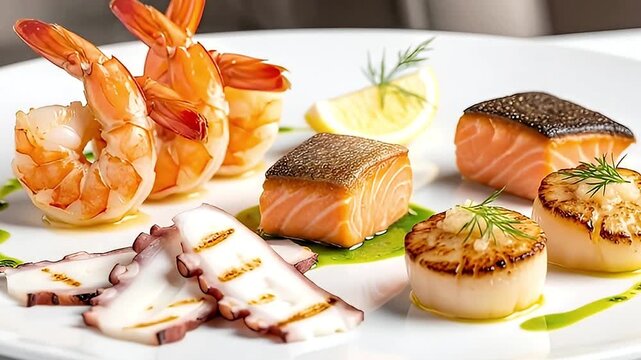 This exquisite close-up showcases a beautifully arranged gourmet seafood platter, perfect for fine dining establishments or culinary promotions. Succulent cooked shrimp, perfectly seared salmon portio