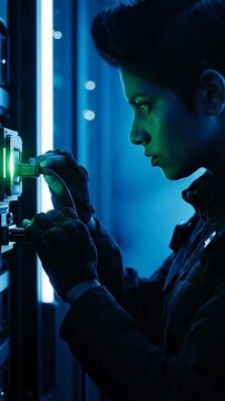 Focused woman in dark tactical gear inserts keycard into glowing server rack in dimly lit data center with blue neon lighting