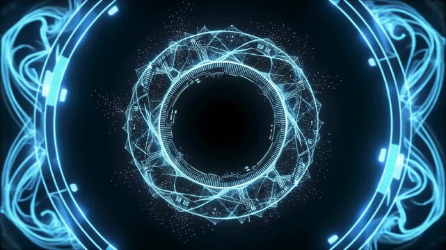 A glowing digital circle with intricate patterns and particles on a dark background.
