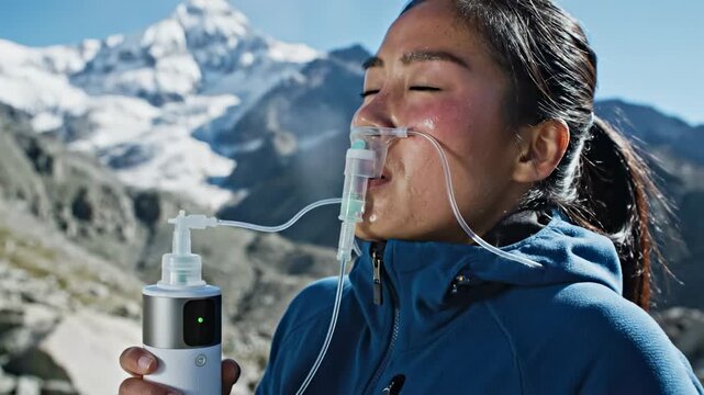 Woman using asthma inhaler outdoors in mountains.