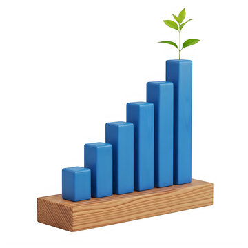 Blue bar chart rising upwards with a small green plant sprout growing from the highest column top isolated on transparent background