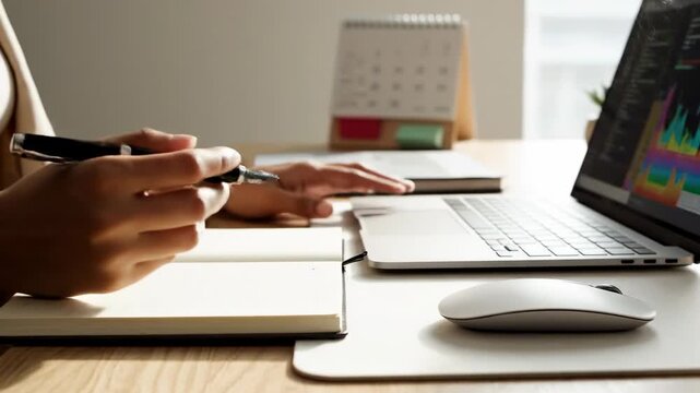 Hands writing in notebook beside laptop displaying charts and mouse on desk with calendar background warm lighting