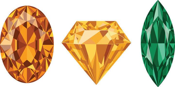 Luxury Gemstone Vector Set Featuring Faceted Amber Oval Diamond, Yellow Topaz Brilliant Cut, and Green Emerald Marquise Jewel for Jewelry Design and Fashion Branding