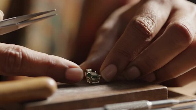 Close Up Of Jeweler Hands Carefully Setting Green Emerald Stone Into Pendant With Tweezers On Wooden Bench