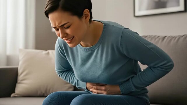 Woman experiencing stomach pain discomfort
