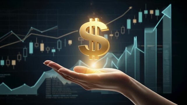 A hand holding a glowing dollar sign against a financial graph backdrop.