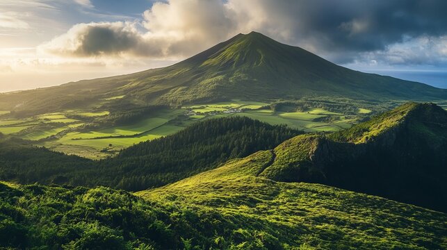 Scenic mountain landscape with lush green valleys on ponta delgada island, azores, portugal