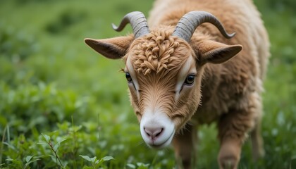 Fototapeta premium Fluffy brown Qurbani goat grazing in green pasture.