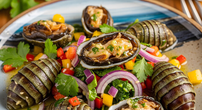 A gourmet sea chiton mollusk dish served with colorful vegetables and herbs