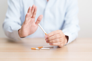 hand refuse to cigarette for World No Tobacco Day concept, quitting smoking to prevent Lung Cancer,...