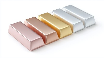 Five precious metal bars including gold silver and copper on white background.