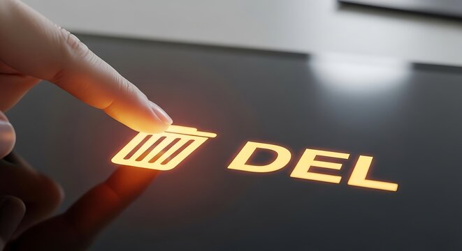 A finger touching a glowing delete button with a trash can icon on a dark, reflective surface, symbolizing data removal or digital cleanup.