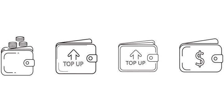 Set of wallet icons with coins and top-up feature for financial and payment services