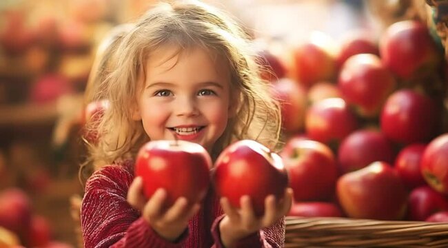 Little girl offering fresh red apples at a market or store